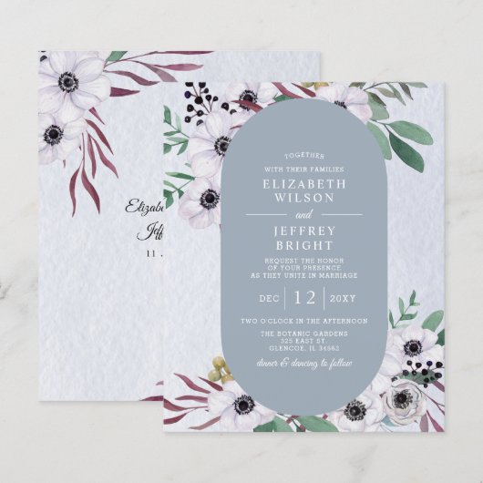 Budget Stusty Blue White Floral Wedding Invitation (Voorkant / Achterkant)