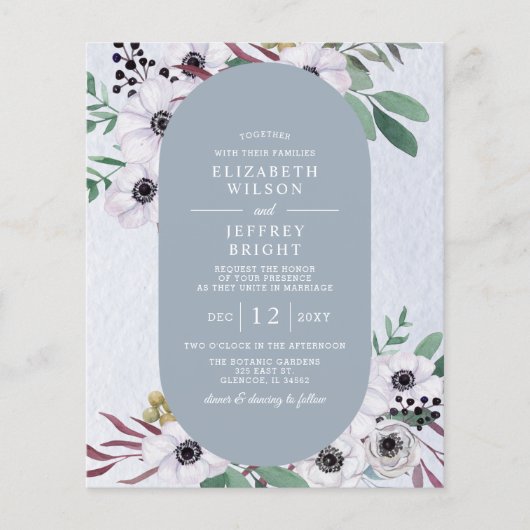 Budget Stusty Blue White Floral Wedding Invitation (Voorkant)