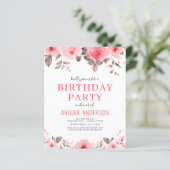 Budget Stusty Pink Floral Birthday Party Invitatio (Staand voorkant)