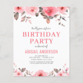 Budget Stusty Pink Floral Birthday Party Invitatio (Voorkant)