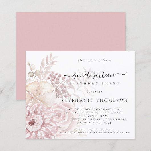 Budget Stusty Pink Florals Sweet Sixteen Uitnodigi (Voorkant / Achterkant)