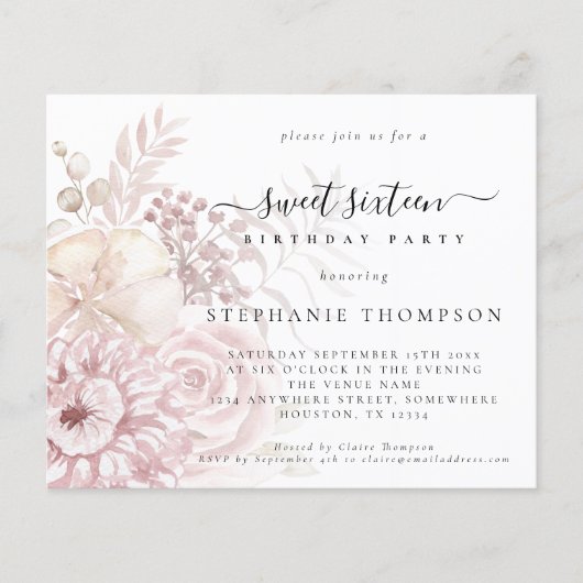 Budget Stusty Pink Florals Sweet Sixteen Uitnodigi (Voorkant)