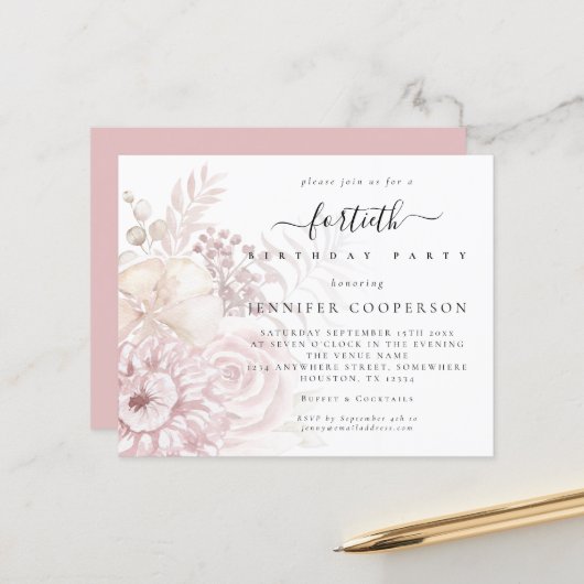 Budget Stusty Pink Florals Vrouw 40e Partij Uitnod (Voorkant / Achterkant in situ)