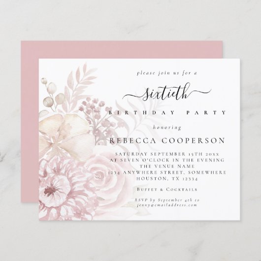 Budget Stusty Pink Florals Vrouw 60e Partij Uitnod (Voorkant / Achterkant)