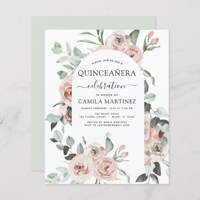 Budget Stusty Pink Quinceañera Floral Uitnodiging (Voorkant / Achterkant)