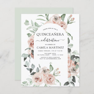 Budget Stusty Pink Quinceañera Floral Uitnodiging