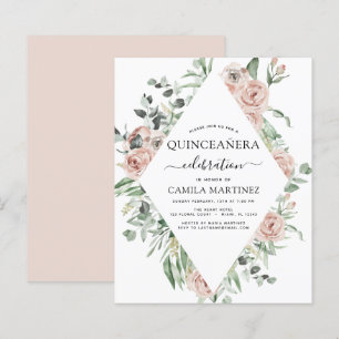 Budget Stusty Pink Quinceañera Floral Uitnodiging