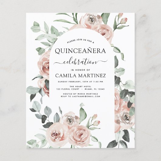 Budget Stusty Pink Quinceañera Floral Uitnodiging Flyer (Voorkant)
