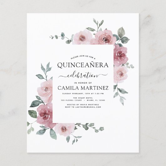 Budget Stusty Pink Quinceañera Floral Uitnodiging Flyer (Voorkant)