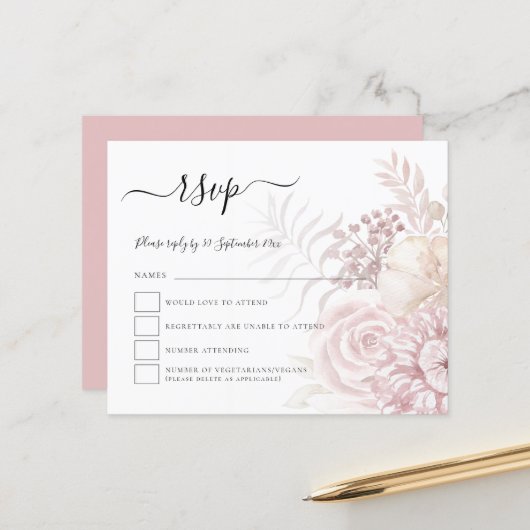 Budget Stusty Pink Tinted Florals Wedding RSVP (Voorkant / Achterkant in situ)