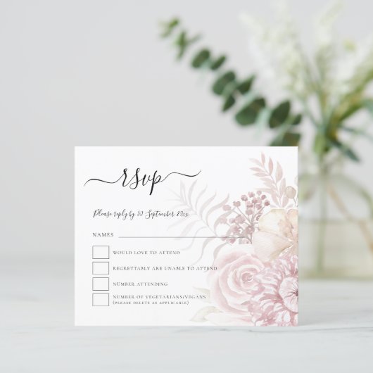Budget Stusty Pink Tinted Florals Wedding RSVP (Staand voorkant)