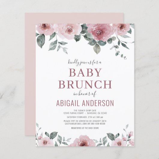 Budget Stusty Roos Floral Baby Brunch Uitnodiging (Voorkant / Achterkant)