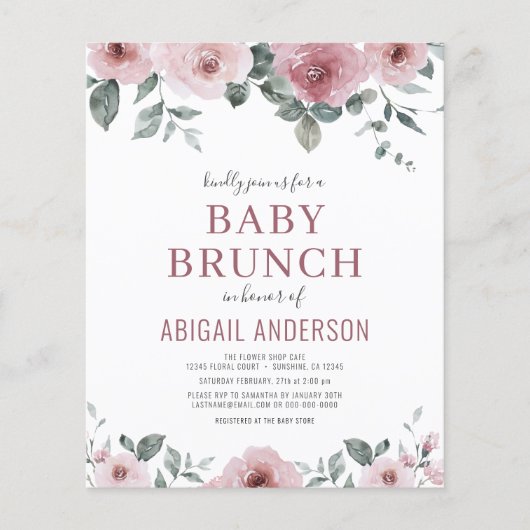 Budget Stusty Roos Floral Baby Brunch Uitnodiging Flyer (Voorkant)
