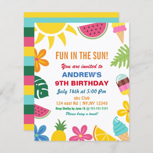 Budget Summer Birthday Party Uitnodiging (Voorkant / Achterkant)