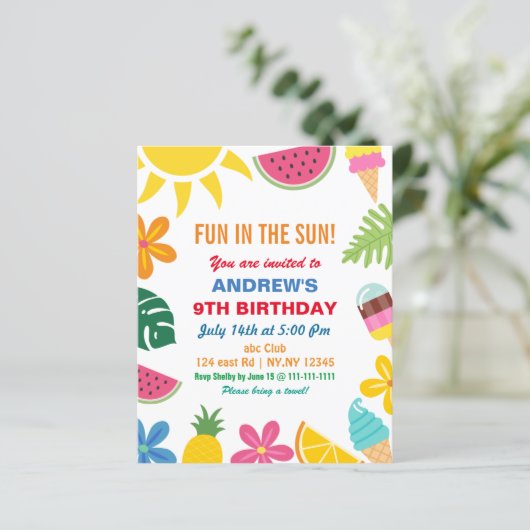 Budget Summer Birthday Party Uitnodiging (Staand voorkant)