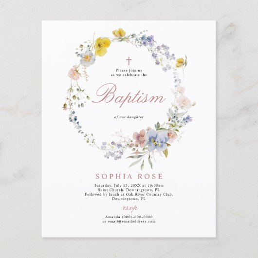 Budget Summer Boho Wildbloemen Baptisme Uitnodigin (Voorkant)