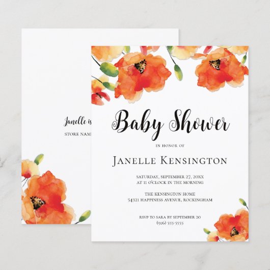 BUDGET Summer Golden Poppy Baby shower Invitation (Voorkant / Achterkant)
