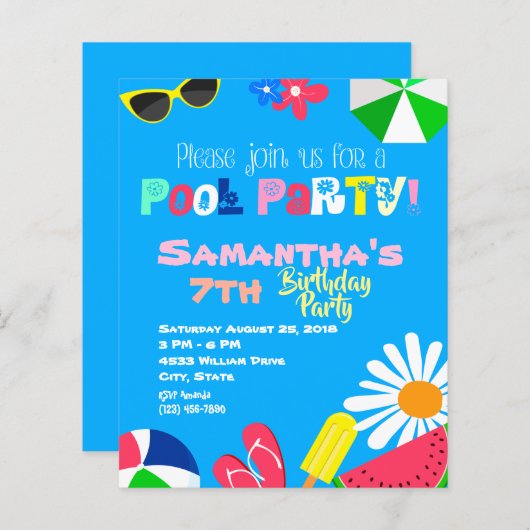 Budget Summer Pool Party Birthday Beach (Voorkant / Achterkant)
