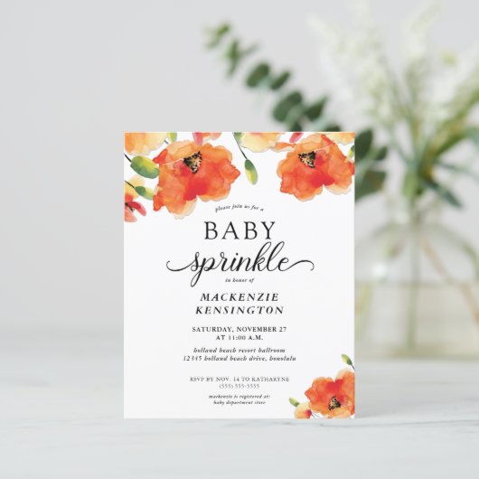 Budget Summer Poppy Baby Sprinkle Uitnodiging (Staand voorkant)