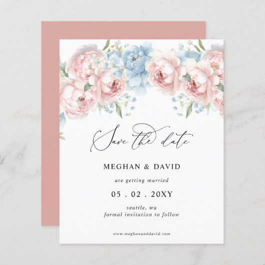 Budget Summer Spring Blush Floral Save the Date (Voorkant / Achterkant)