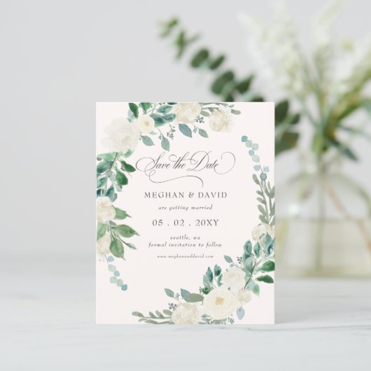 Budget Summer Spring Ivory Floral Save the Date (Staand voorkant)