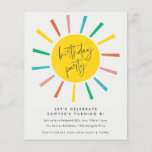 Budget Sun Script Kids Birthday Party Invitation<br><div class="desc">Een budgetlofzang voor kinderen op verjaardagsfeestdag met regenboogzon en modern script. Klik uitgeven knoop om dit ontwerp met uw details aan te passen.</div>