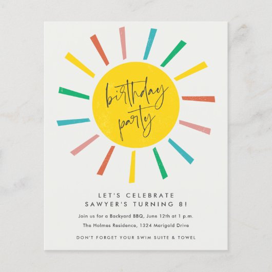 Budget Sun Script Kids Birthday Party Invitation Flyer (Voorkant)