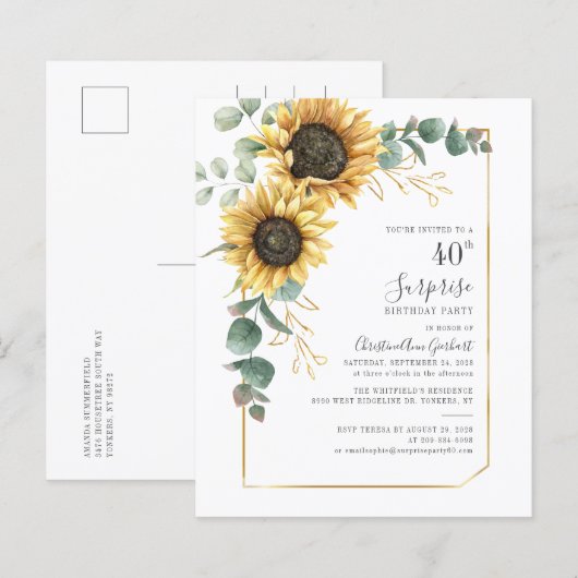 Budget Sunflower 40th Birthday Party Invitation (Voorkant / Achterkant)