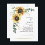 Budget Sunflower 40th Birthday Party Invitation<br><div class="desc">Eucalyptus Sunflower Floral Script 40th Birthday Uitnodiging u kunt gemakkelijk aanpassen met uw partijdetails door de "Personalize"knoop te klikken. Met felgele florale en groene succulent met een gouden folie geometrisch lijst en moderne typografie</div>