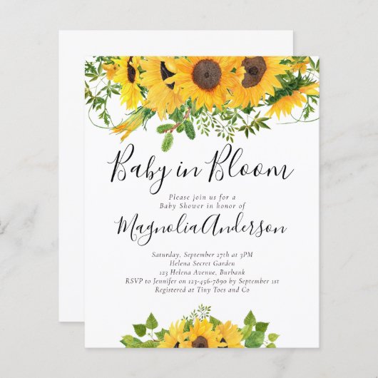 BUDGET Sunflower Baby in Bloom Shower Invitation (Voorkant / Achterkant)