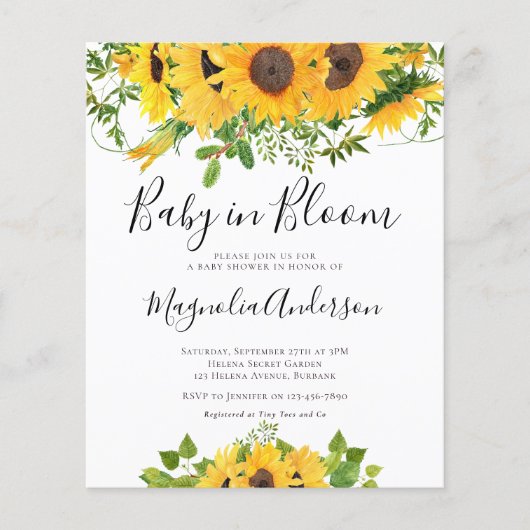BUDGET Sunflower Baby in Bloom Shower Invitation (Voorkant)