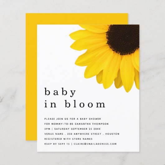 BUDGET Sunflower Baby in Bloom Shower Invite (Voorkant / Achterkant)