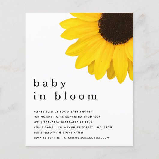 BUDGET Sunflower Baby in Bloom Shower Invite (Voorkant)