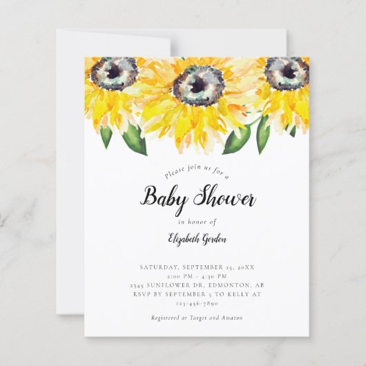 Budget Sunflower Baby shower Elegant Script Chic (Voorkant)