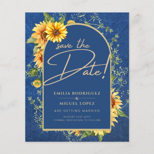 BUDGET Sunflower BLUE Weddenschap Save the Date Flyer (Voorkant)