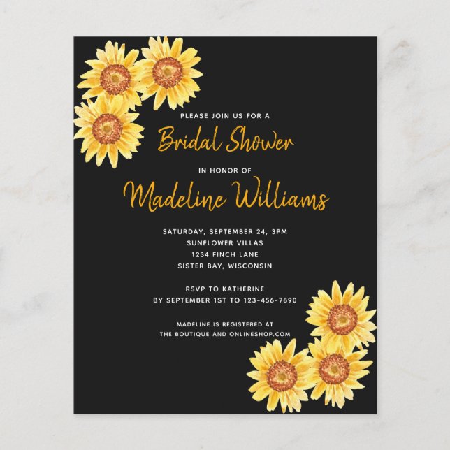 Budget Sunflower Bridal Shower Invitation Black (Voorkant)