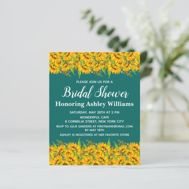 Budget Sunflower Bridal Shower Invitation Jade (Staand voorkant)