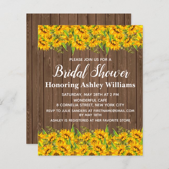 Budget Sunflower Bridal Shower Invitation Wood (Voorkant / Achterkant)