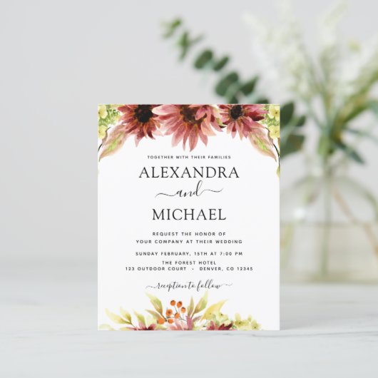 Budget Sunflower Burgundy Country Weddenschap (Staand voorkant)