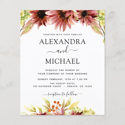 Budget Sunflower Burgundy Country Weddenschap (Voorkant)