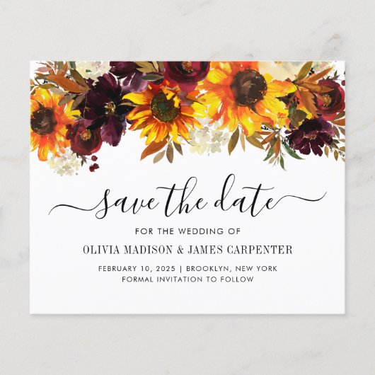Budget Sunflower Burgundy Floral Save the Date (Voorkant)