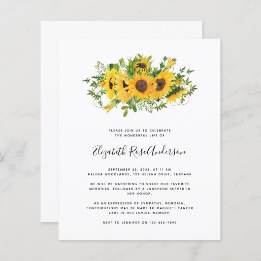 Budget Sunflower Celebration of Life Invitation (Voorkant / Achterkant)