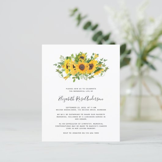 Budget Sunflower Celebration of Life Invitation (Staand voorkant)