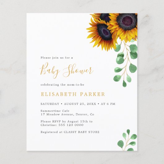 Budget sunflower eucalyptus baby shower-uitnodigin (Voorkant)