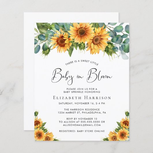 Budget Sunflower Eucalyptus Baby Sprinkle Invite (Voorkant / Achterkant)