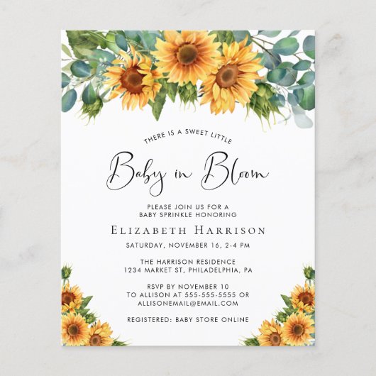 Budget Sunflower Eucalyptus Baby Sprinkle Invite (Voorkant)