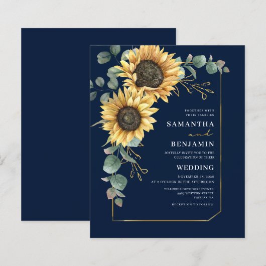 Budget Sunflower Eucalyptus Floral Wedding Invite (Voorkant / Achterkant)