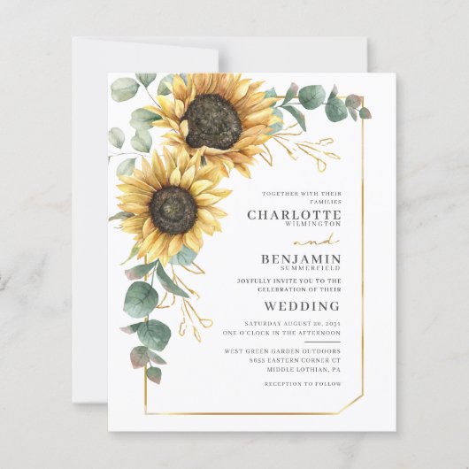 Budget Sunflower Eucalyptus Floral Wedding Invite (Voorkant)