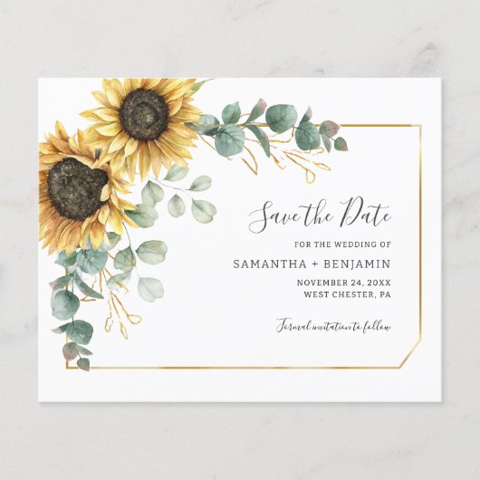 Budget Sunflower Eucalyptus Greenery Save the Date Flyer (Voorkant)