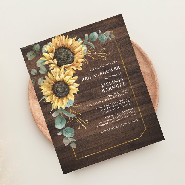 Budget Sunflower Eucalyptus Vrijgezellenfeest Rust (Rustic Floral Sunflower Eucalyptus Greenery Wood Bridal Shower Invitation)